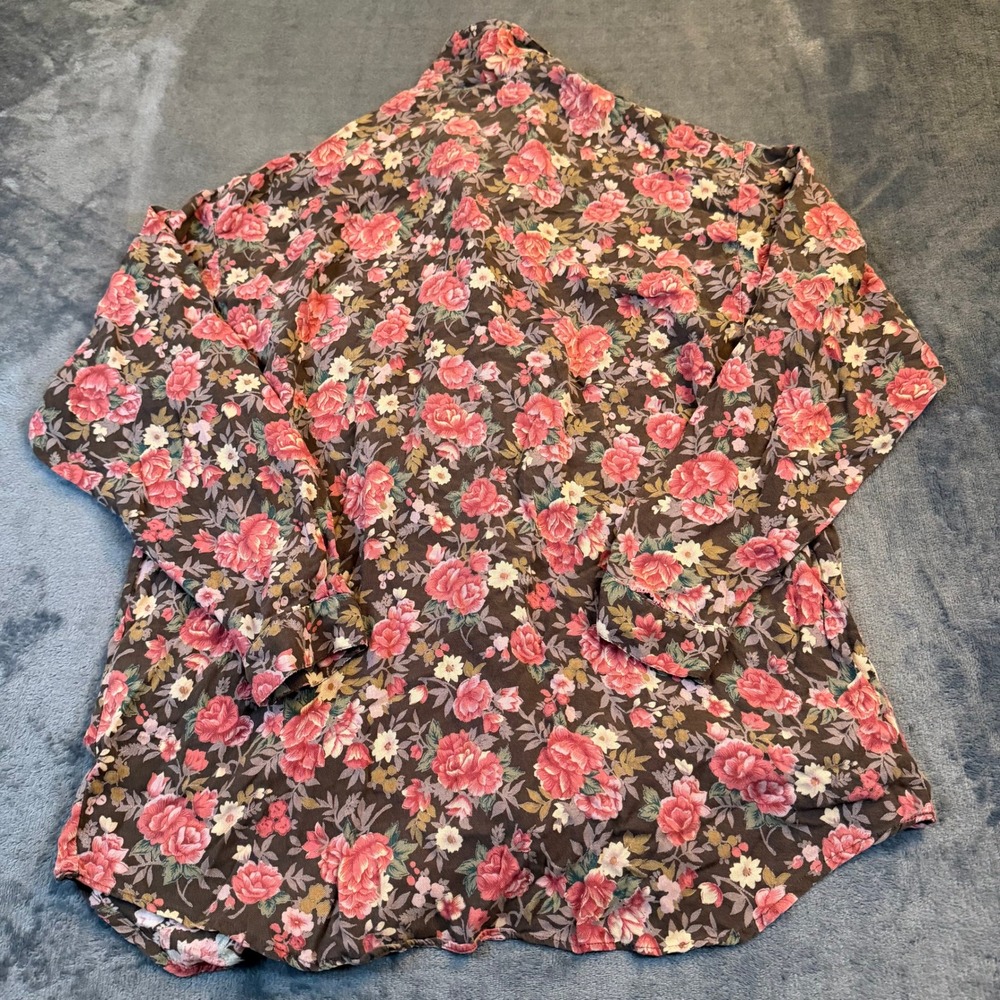At Random Floral Button Down Shirt Womens Large Brown Rose Long Sleeve Pocket - Picture 5 of 9